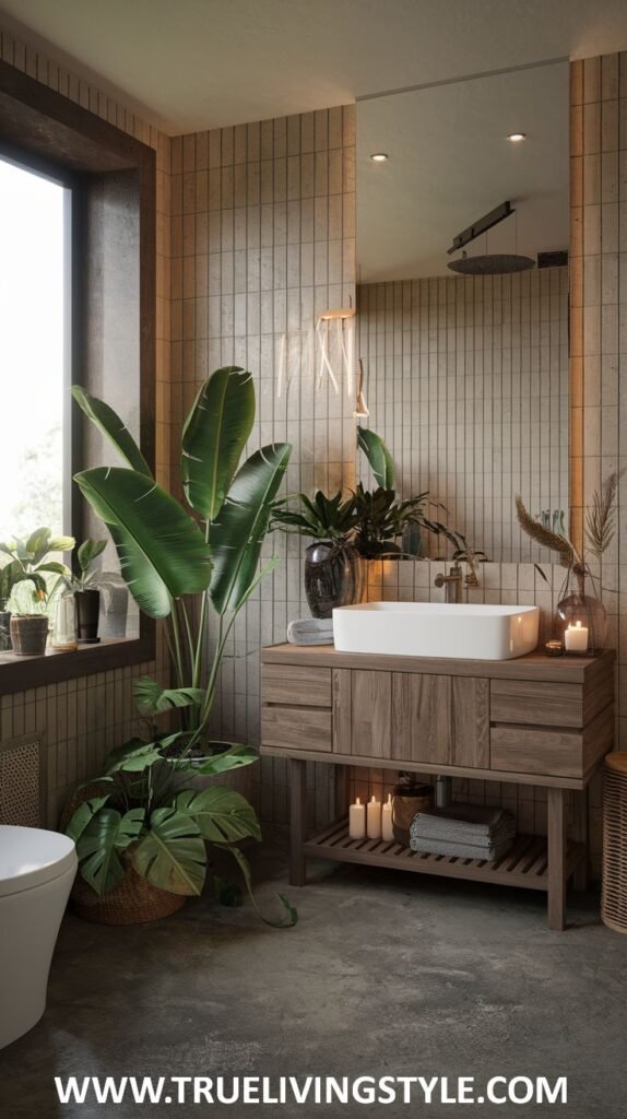 A bathroom featuring a wooden vanity with a white sink, a large mirror, and various plants, creating a natural and stylish atmosphere.