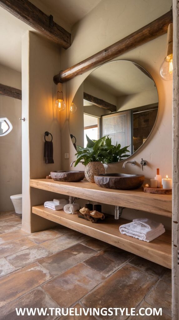 A bathroom with a double sink wooden vanity, a round mirror, exposed beams, and earth-toned tiles, offering a warm and inviting feel.