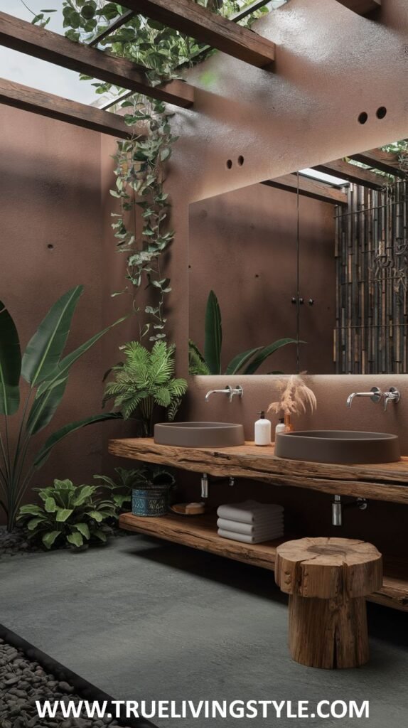 A bathroom featuring a double sink vanity, a large mirror, and lush greenery, with a stool and pebble accents adding to the natural aesthetic.