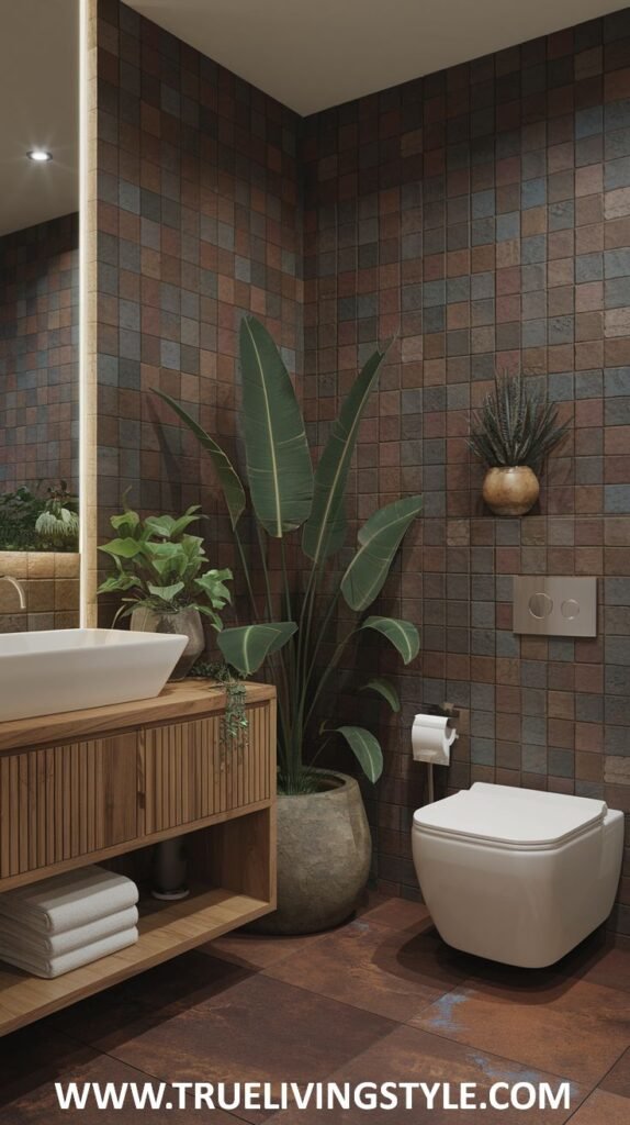 A bathroom with a wooden vanity, a white toilet, and decorative plants against a backdrop of multi-toned square tiles.