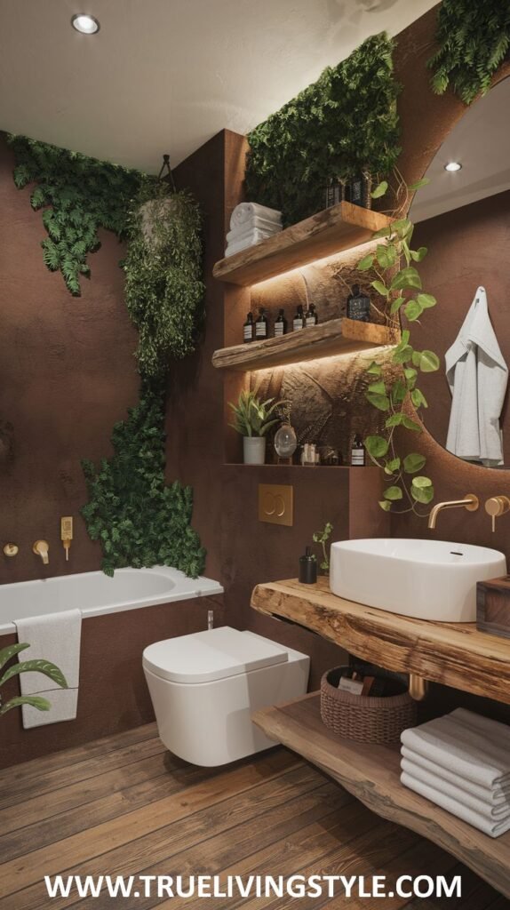 A bathroom featuring a bathtub, toilet, and wooden vanity, complemented by extensive greenery and wall-mounted shelves.