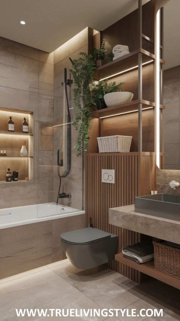 A bathroom showcasing a bathtub, toilet, and vanity with shelving, enhanced by vertical wooden slats and various plants for a serene atmosphere.