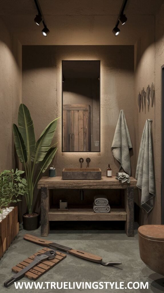 A bathroom featuring a wooden vanity, a round mirror, and industrial-style lighting, with tools and accessories adding a unique touch.