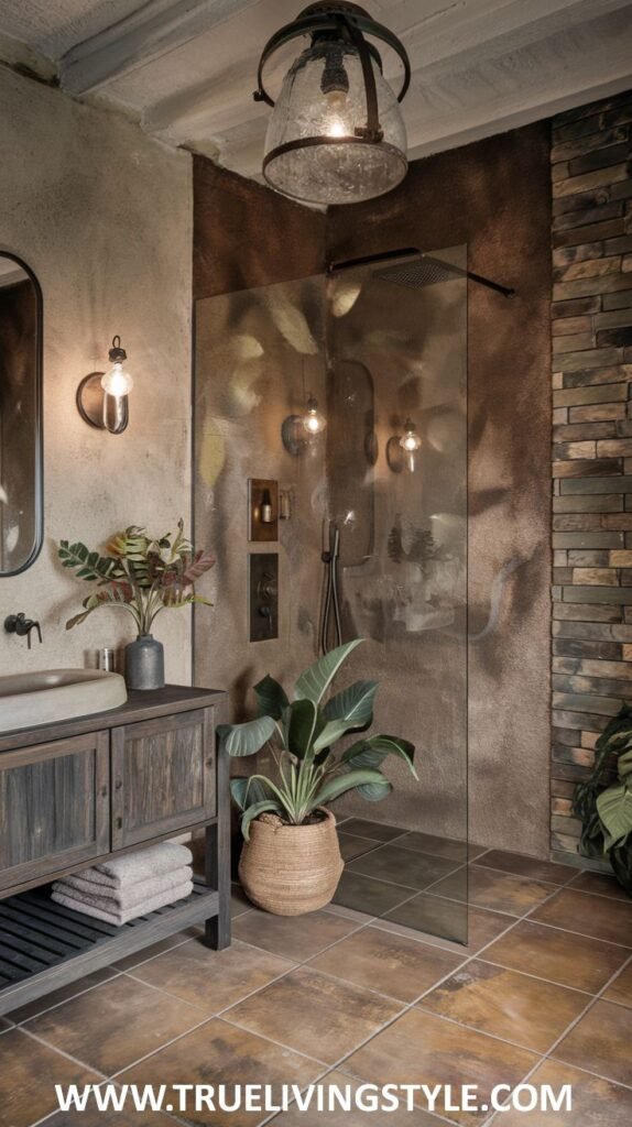 A bathroom with a glass-enclosed shower, a wooden vanity, and potted plants, combining modern and rustic elements.