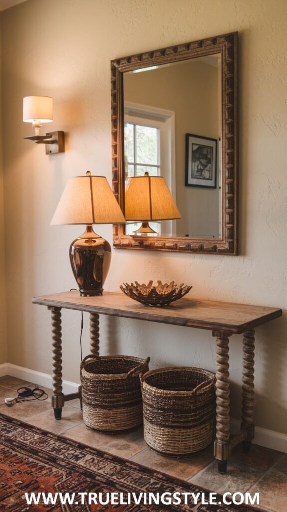 A wooden console table is decorated with two lamps and a decorative bowl, with baskets below, and a framed mirror and wall sconce are visible on the wall above.