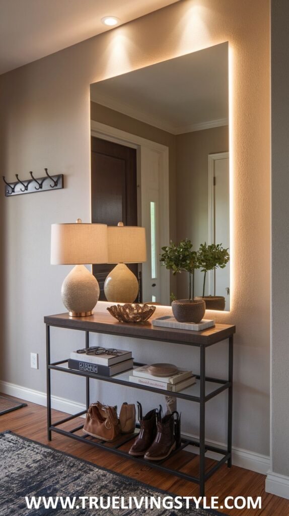 A console table with two lamps, decorative bowls, and books has a lower shelf holding bags and boots, positioned in front of a large mirror with integrated lighting and a coat rack on the wall.