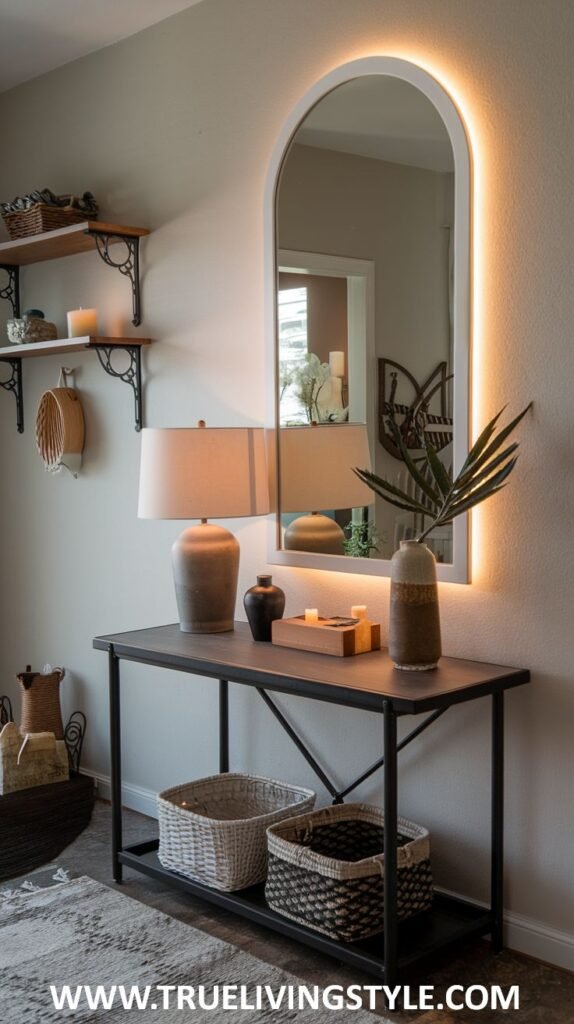 A console table with a lamp, vases, and candles, with storage baskets on a lower shelf, is placed before an arched mirror with an illuminated edge and decorative shelves on the adjacent wall.