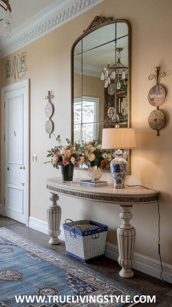 A white semi-circular console table with a vase of flowers, a blue and white lamp, and books has a woven basket underneath, positioned in front of a large mirror with multiple panels.