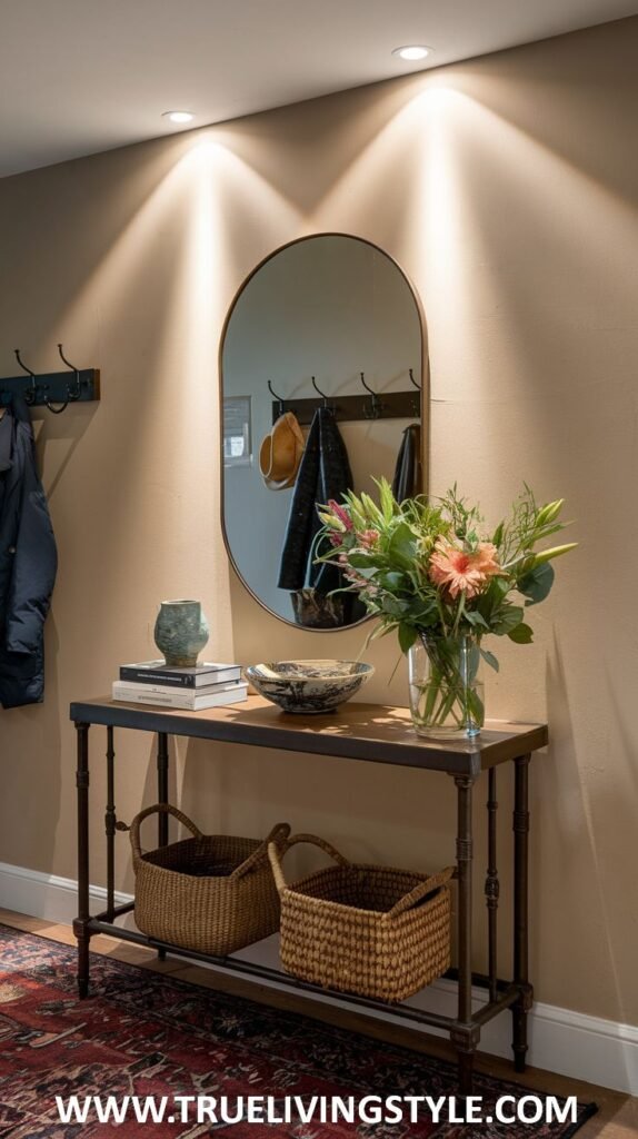 A rustic console table with a vase of flowers, a decorative bowl, and books has two woven baskets stored beneath, with an arched mirror and a coat rack on the wall behind.