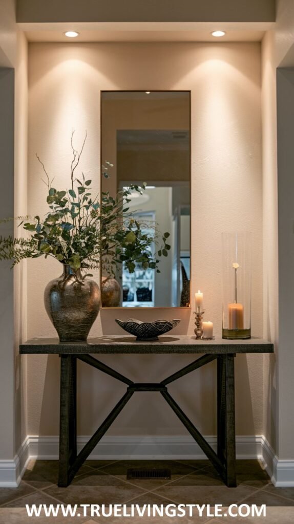 A dark metal and stone console table with a tall vase of leafy branches, a dark bowl, and several candles is positioned against a beige wall with a rectangular mirror and recessed lighting above.