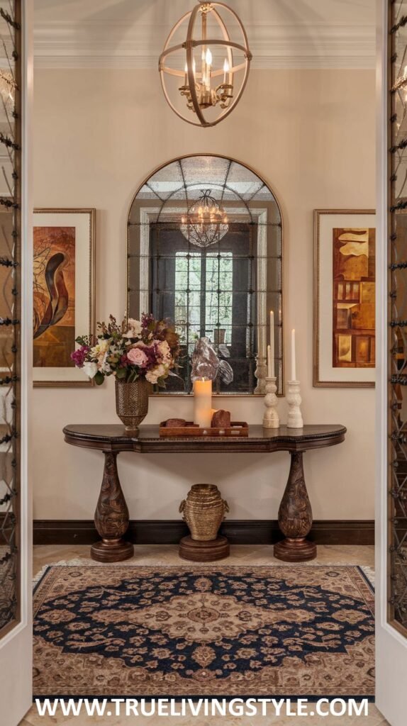 A carved wooden console table with a vase of flowers, tall candlesticks, and a decorative object has a woven basket underneath, in front of an arched mirror reflecting a chandelier.