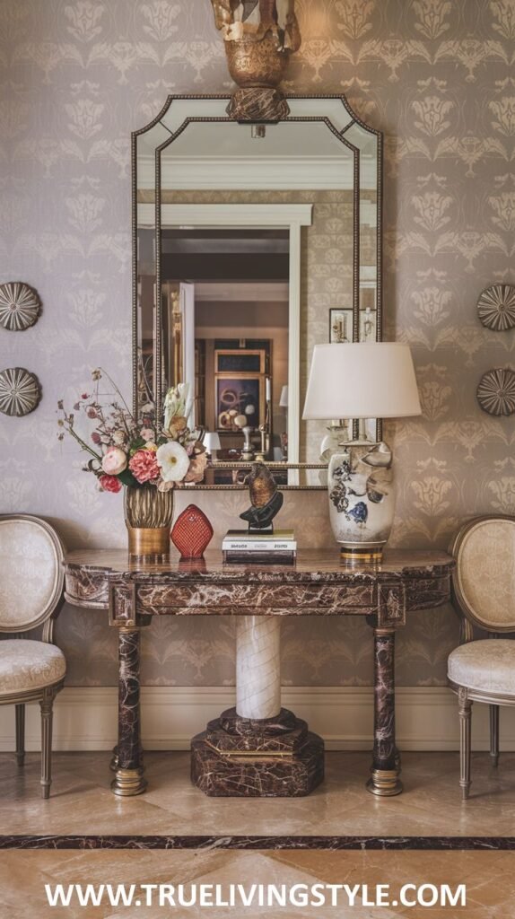 A marble-topped console table with a floral arrangement, a lamp, books, and a bust is flanked by two chairs and set against a wallpapered wall with an ornate mirror and decorative wall elements.
