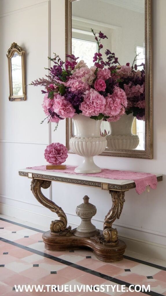 An ornate console table displays a large vase of pink and purple flowers with a matching smaller flower and pink runner, set against a backdrop of a large framed mirror.