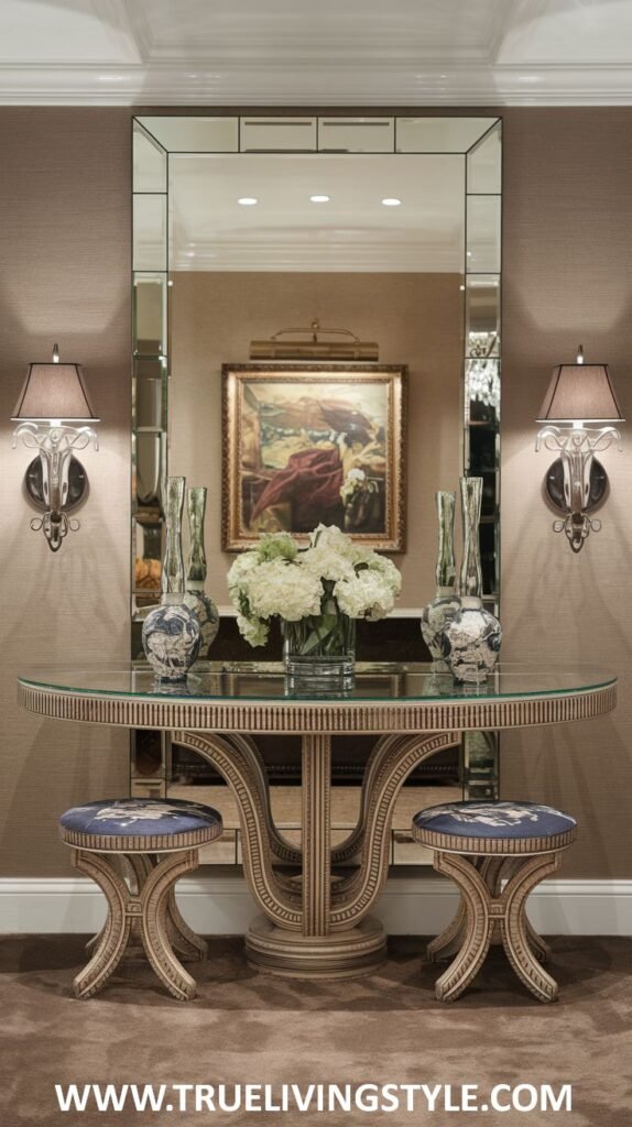 A glass-topped console table with three vases of white flowers and two glass-based lamps is flanked by two patterned stools, with a large mirror reflecting a framed artwork and wall sconces behind.
