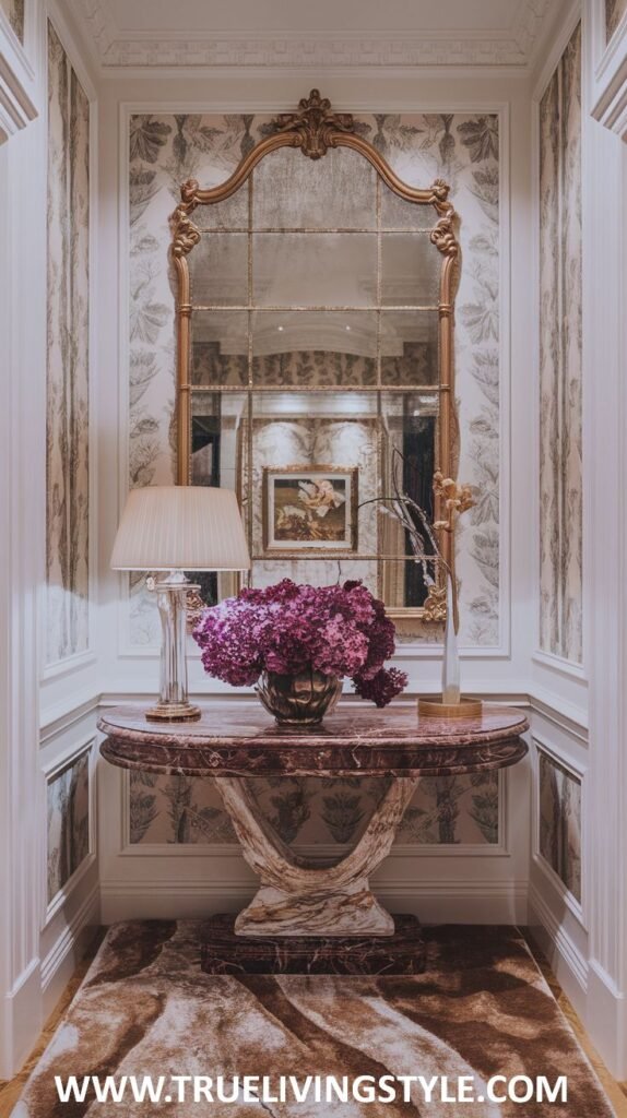 A marble-topped console table with a lamp and a vase of purple flowers is placed against a wall with a large multi-paneled mirror and patterned wallpaper in a narrow hallway.