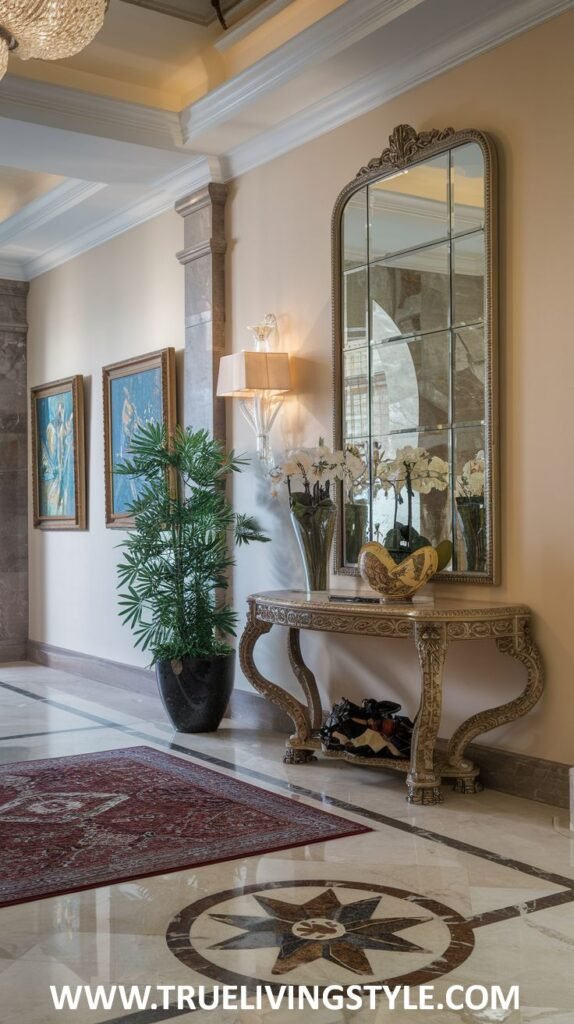 An ornate console table with a vase of white orchids and a decorative bowl has wine bottles stored on a lower shelf, set against a wall with a large multi-paneled mirror and framed paintings.