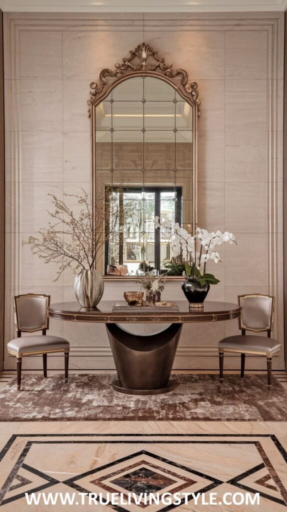 An oval console table with a metallic base displays a vase with bare branches and a pot of white orchids, flanked by two upholstered chairs and set against a wall with a large framed mirror.