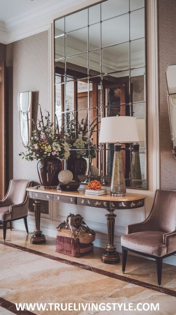 A wooden console table with a floral arrangement, a table lamp, and decorative objects has a woven basket underneath, flanked by two upholstered chairs and set against a wall with a large grid mirror.