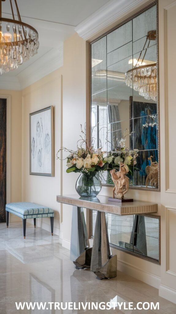 A mirrored console table with a glass top holds a vase of flowers and a decorative wooden object, in front of a large multi-sectioned mirror reflecting a chandelier.