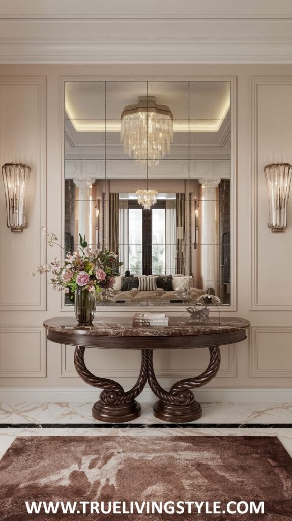A marble-topped console table with a vase of flowers and a decorative object has a carved wooden base and is set against a wall with a large multi-paneled mirror reflecting a chandelier.