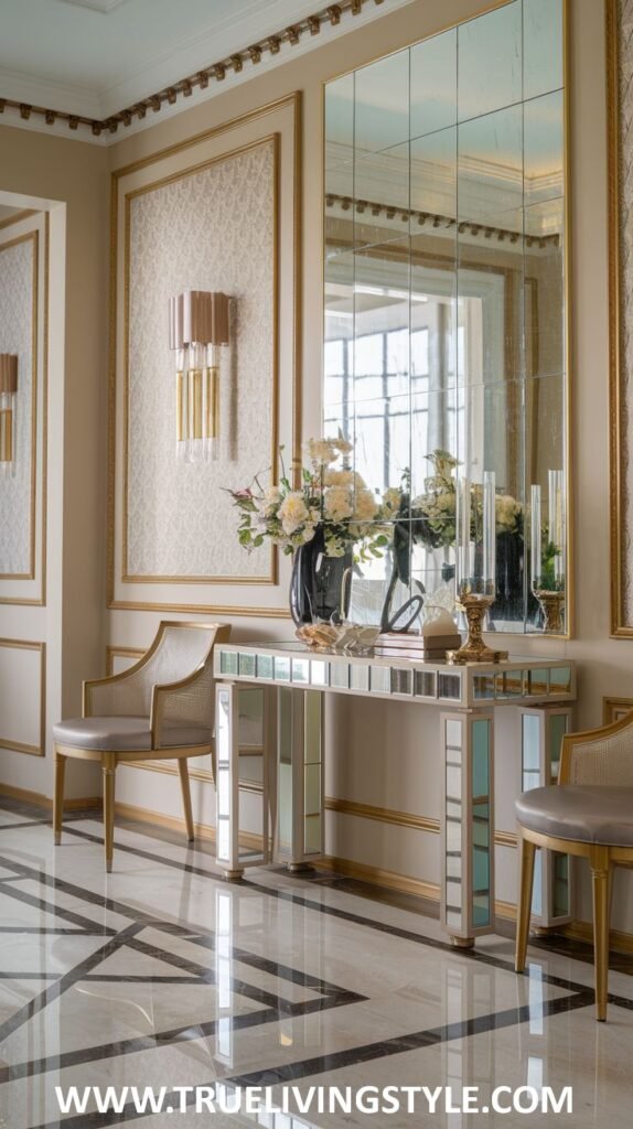 A mirrored console table with a vase of flowers, candlesticks, and a small decorative item is flanked by two chairs, in front of a large multi-paneled mirror with gold trim.
