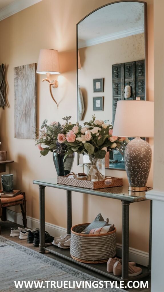 A glass and metal console table with two lamps, two vases of flowers, and a decorative tray has shoes and a basket underneath, in front of a large arched mirror.