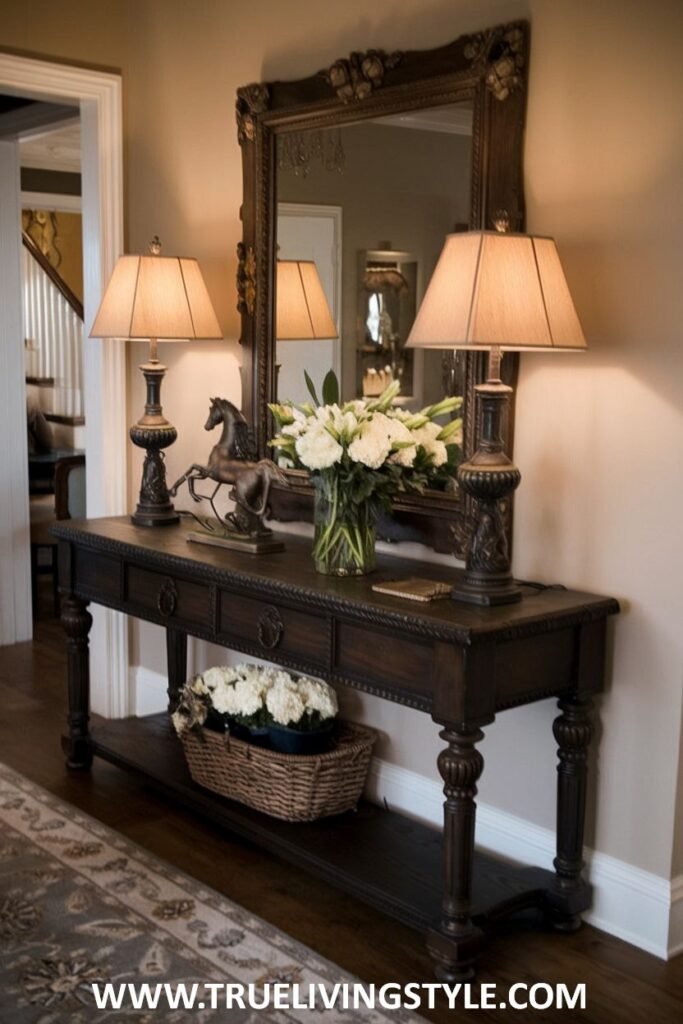 A dark wooden console table with three lamps, a horse sculpture, and a vase of white flowers has a basket of white flowers on a lower shelf, in front of an ornate framed mirror.