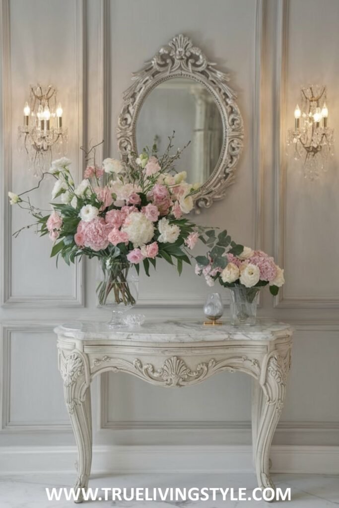 An ornate white console table with two large floral arrangements is set against a light grey panelled wall with an oval mirror and two crystal wall lights.