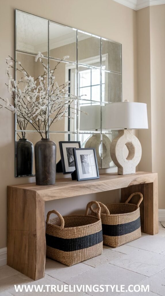 A rustic wooden console table with two vases of branches, framed photographs, and a lamp has two striped baskets underneath, in front of a large multi-paneled mirror.