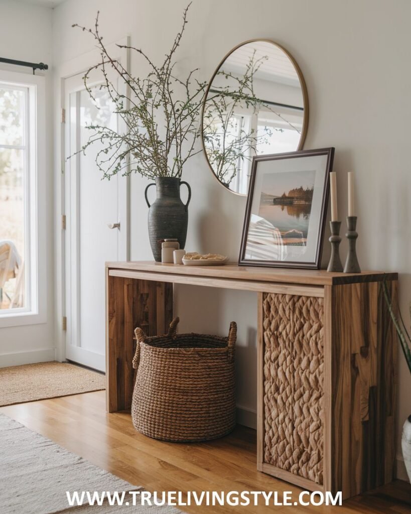 A wooden console table with a tall dark vase holding branches, a framed landscape photograph, and two candlesticks has a large woven basket underneath, set against a white wall with a round mirror.