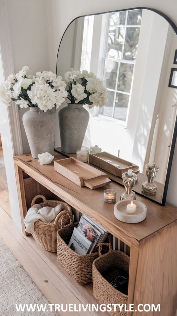 A console table features two vases of white flowers, decorative trays, candles, and storage baskets beneath a large arched mirror.
