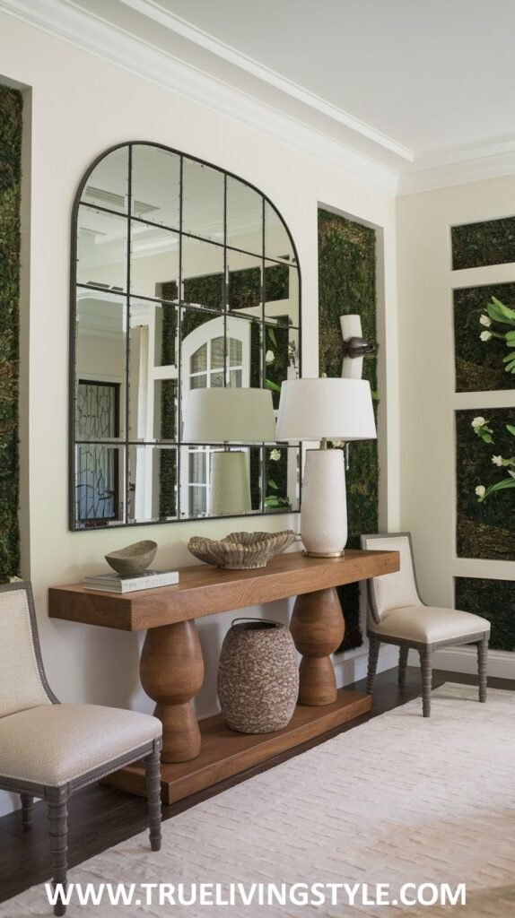 A wooden console table with chairs on either side and baskets underneath is topped with decorative bowls and a lamp, in front of a large windowpane mirror reflecting a light-filled space.