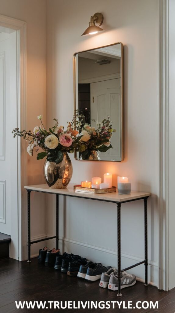 A narrow table with a metallic vase of flowers and several lit candles has shoes stored underneath, positioned against a wall with a gold-framed mirror and a wall-mounted light.