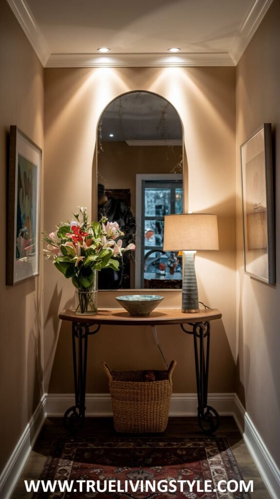 A slender table with a vase of flowers, a decorative bowl, and a lamp, with a basket underneath, sits in a hallway with a large arched mirror and framed artwork on the walls.