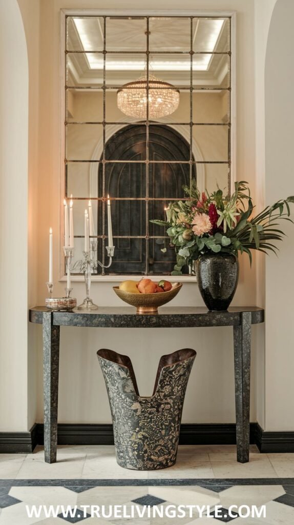 A dark-colored console table with a gold fruit bowl, a vase of flowers, and candlesticks has a patterned waste bin below, in front of a large grid mirror reflecting a chandelier.