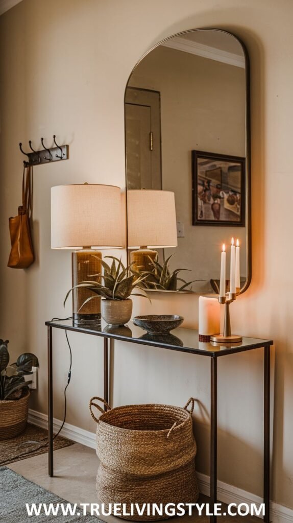 A glass-topped console table with two lamps, a potted plant, a bowl, and a candle features two woven baskets underneath, with an arched mirror and a coat rack on the wall behind.