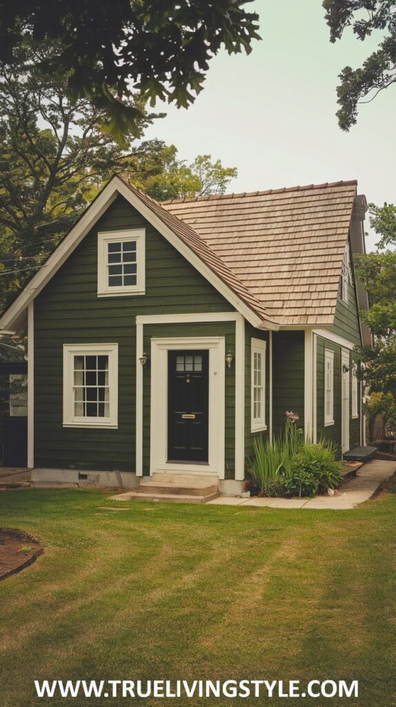Exterior view of a small green house with white trim, a dark front door, and a lawn.