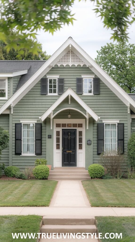 Two-story green house exterior with white trim, black shutters, and a covered front porch with white columns.
