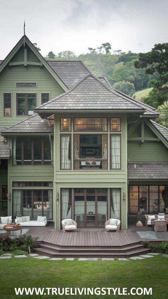 Large green house exterior with multiple levels, large windows, and a wooden deck with outdoor furniture.