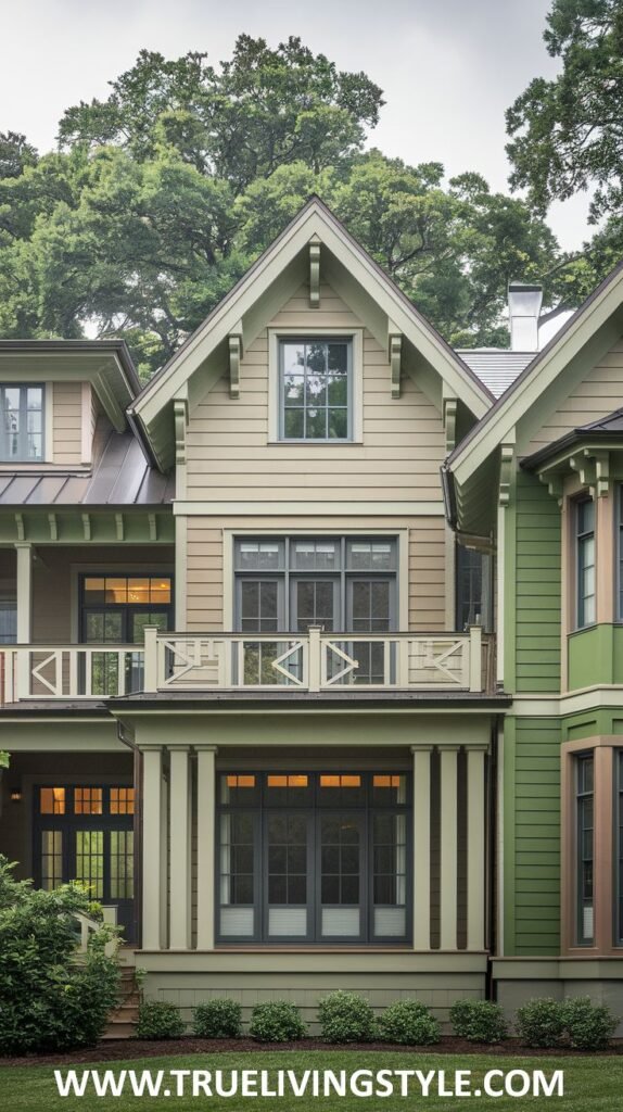 Multi-unit building exterior featuring a section with light green siding and dark-framed windows, alongside a darker green house.