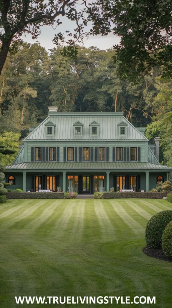 Large green house exterior with a metal roof, dark shutters, and a manicured lawn.