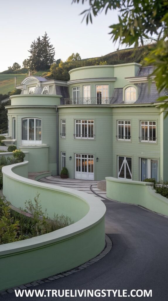 Large, light green house exterior with a curved driveway and various window styles.