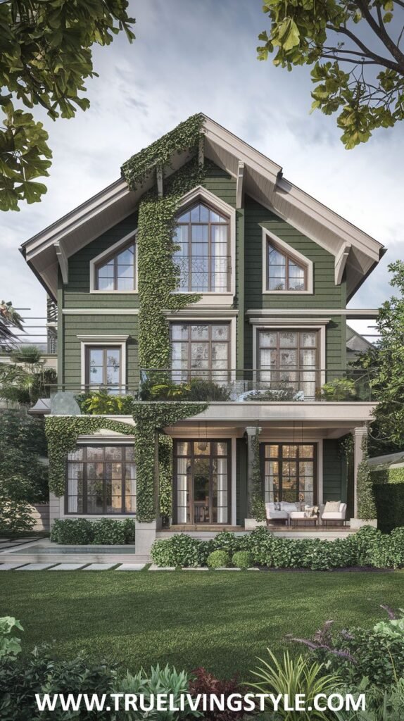 Multi-story green house exterior with extensive windows, balconies, and climbing plants.