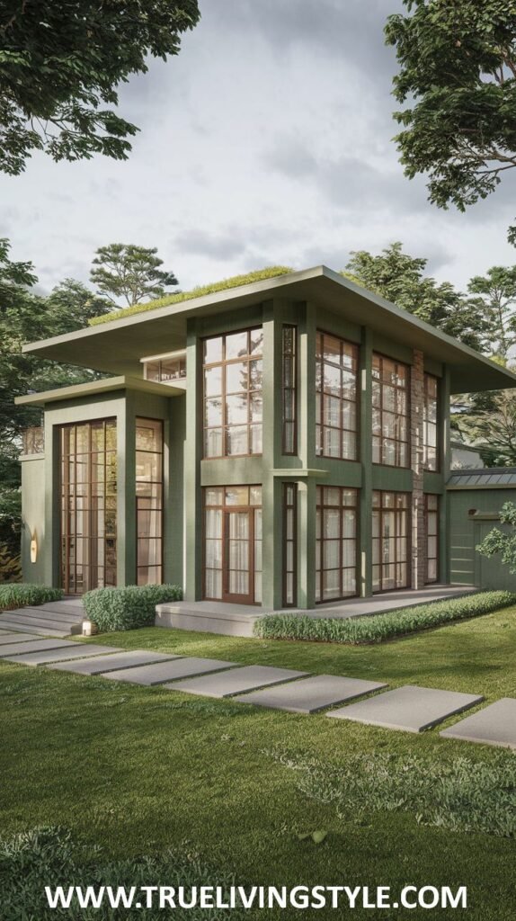 Modern green house exterior with large windows, flat roof, and surrounding greenery.