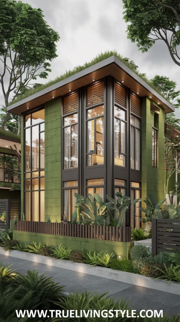 Contemporary green house exterior with tall windows and a green roof, surrounded by vegetation.
