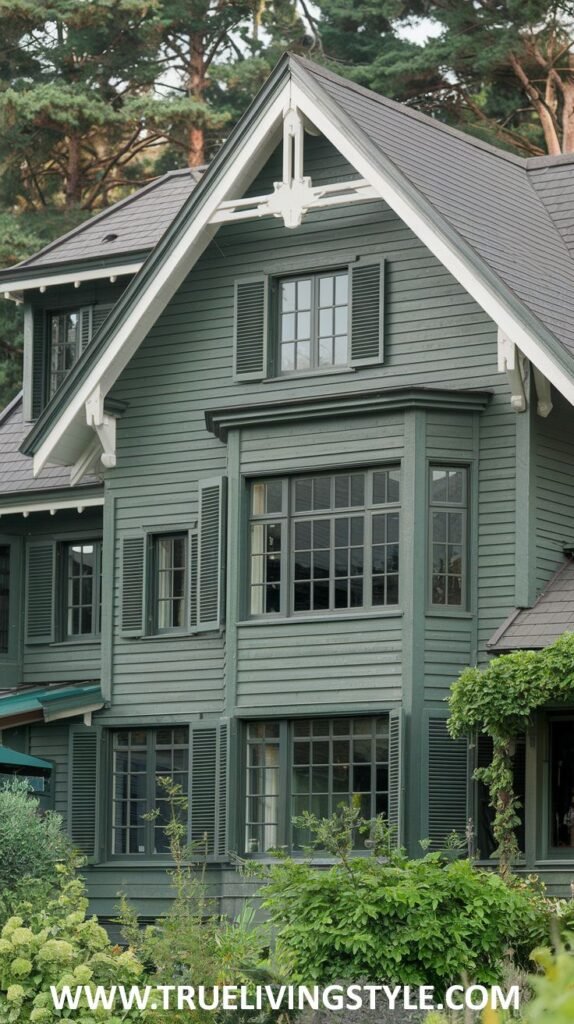 Detail of a multi-story green house exterior with white trim, dark shutters, and a bay window.