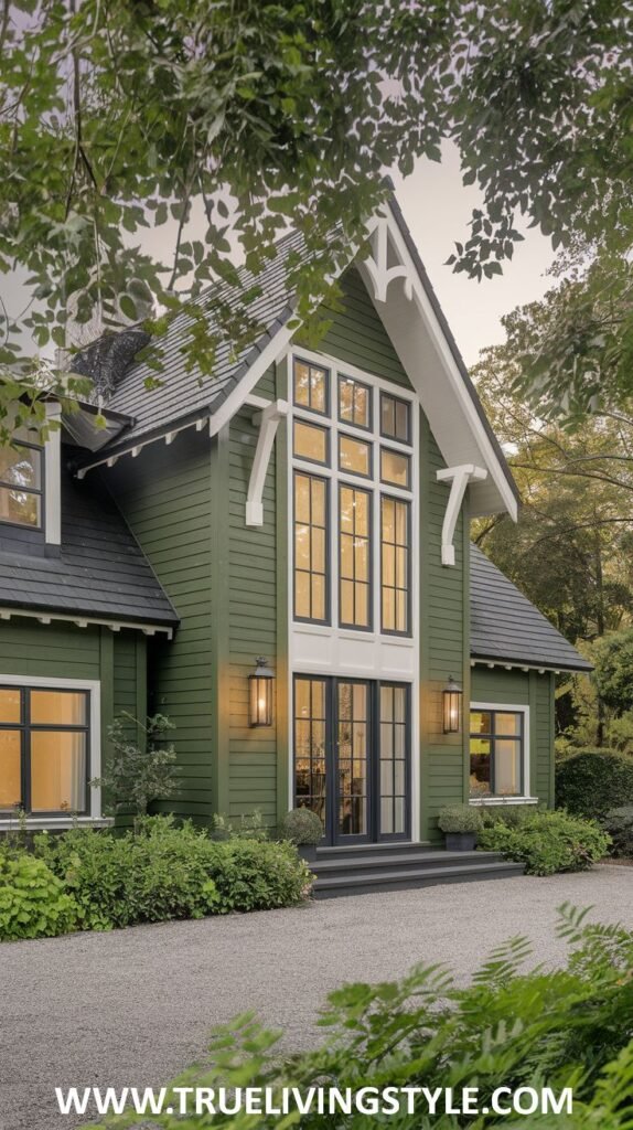 Green house exterior with a steep gable roof, large windows, and a gravel driveway.