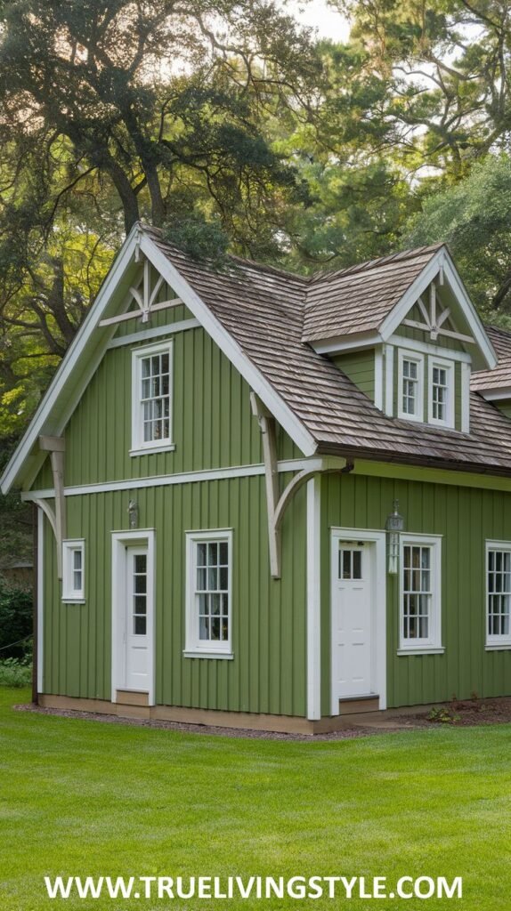 Green house exterior with white trim, multiple windows, and a cedar shingle roof.