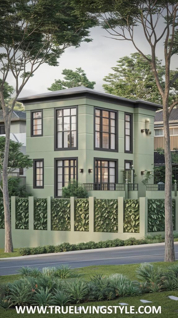 Modern light green house exterior with dark window frames and a decorative privacy screen.