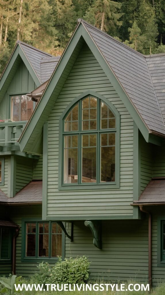 Close-up of a green house exterior with an arched window and shingle siding.